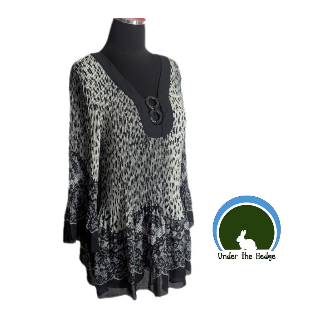 Vtg Quintessential Black Gray Pleated Bell Sleeve Top L XL Whimsigoth Boho G1